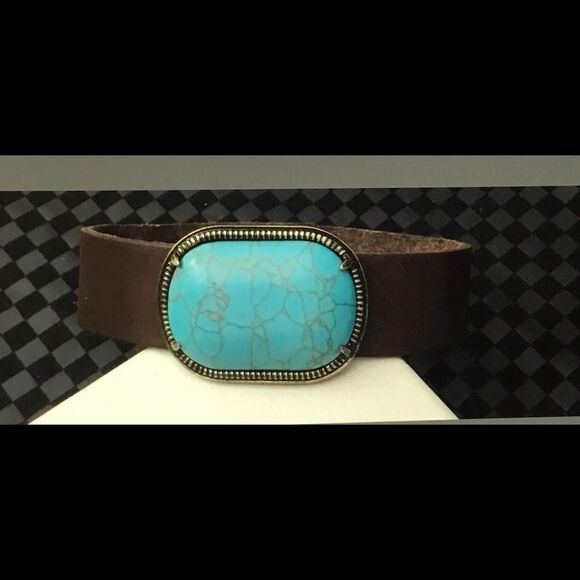 Octagonal Turquoise Gem Brown Leather Bracelet - Picture 2 of 3